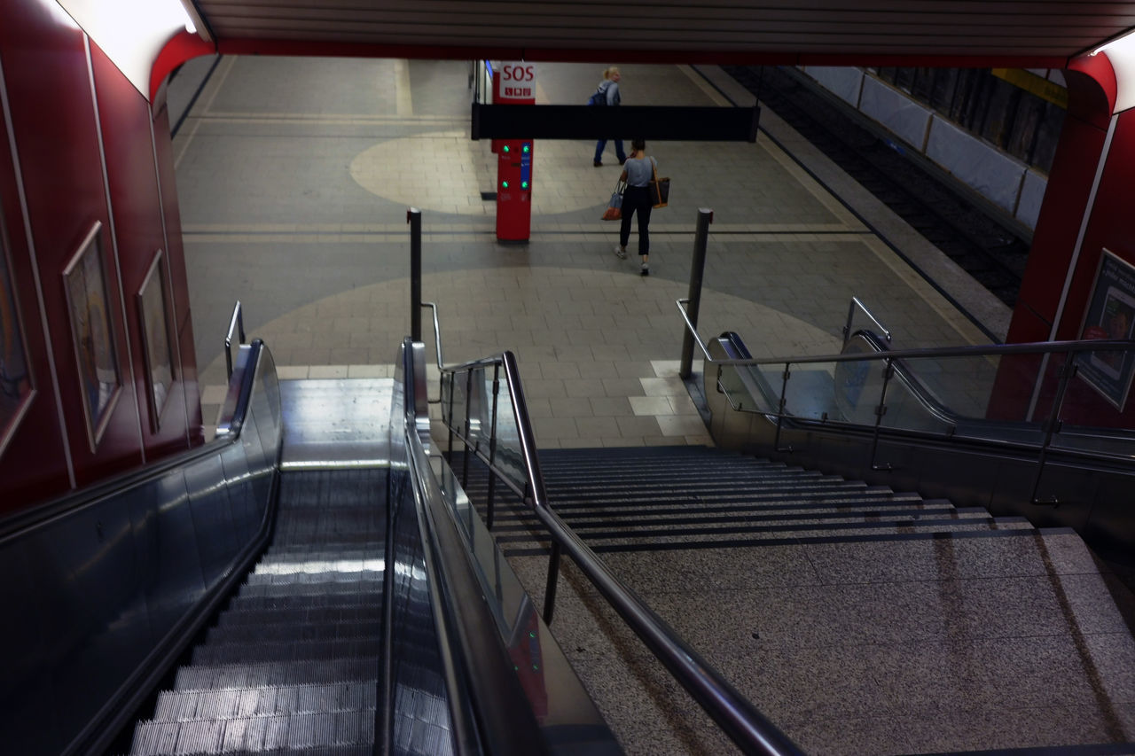 HIGH ANGLE VIEW OF ESCALATOR AT SUBWAY