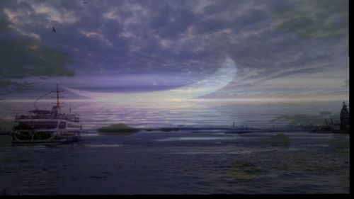 Boats in sea against cloudy sky
