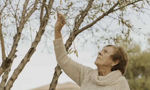 Woman looking at branch of tree