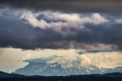 Scenic view of snowcapped mountain against cloudy sky during sunset