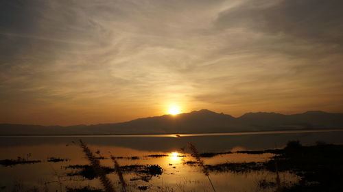 Scenic view of lake against sky during sunset