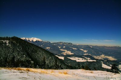 Scenic view of mountains against clear sky during winter