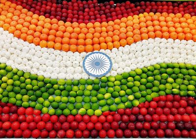 Indian flag made out of fruits and vegetables