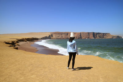 Full length of man standing on beach against clear sky