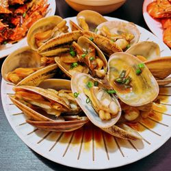 High angle view of seafood served in plate