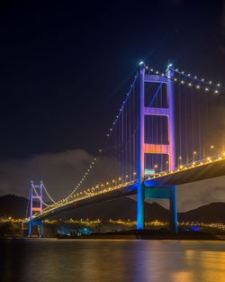 Illuminated suspension bridge over river at night