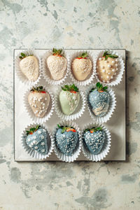 High angle view of cupcakes on table