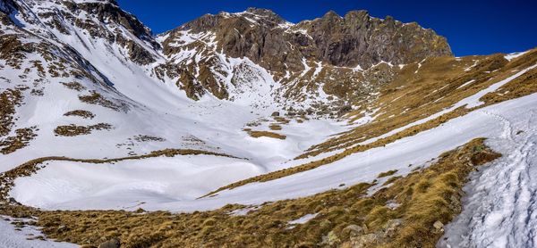 Scenic view of snowcapped mountains against sky