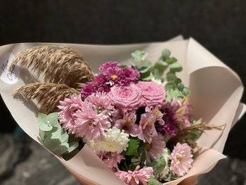 High angle view of flower bouquet on table