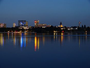 Reflection of buildings in calm water