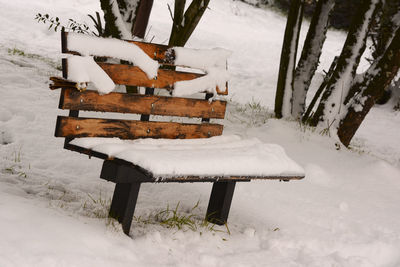 Snow covered bench on field during winter