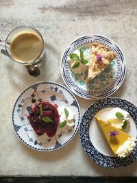 High angle view of breakfast served on table