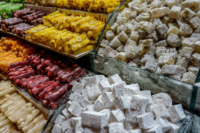 High angle view of food for sale at market stall