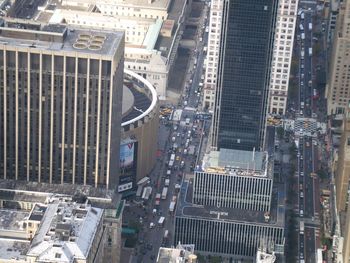 High angle view of modern buildings in city