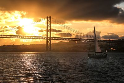 Silhouette bridge over sea against sky during sunset