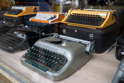 High angle view of old machine on table