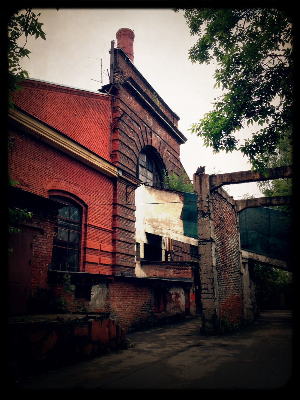 architecture, built structure, building exterior, transfer print, auto post production filter, house, sky, old, residential structure, window, tree, residential building, day, outdoors, abandoned, exterior, no people, brick wall, building, obsolete