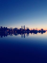 Scenic view of lake against clear blue sky during sunset