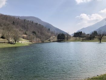 Scenic view of lake by trees against sky