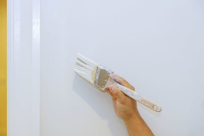 Cropped image of man painting wall at home
