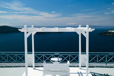 Wedding altar view to caldera and nea kameni volcano in santorini, greece