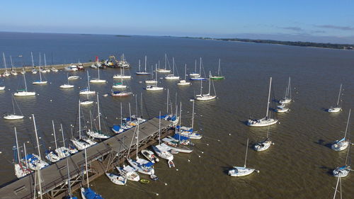 High angle view of boats moored in sea