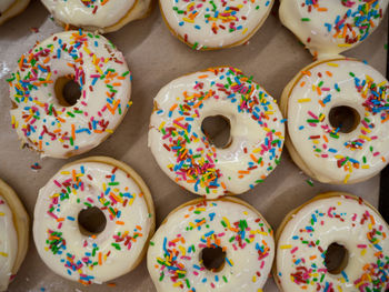 High angle view of multi colored candies on table