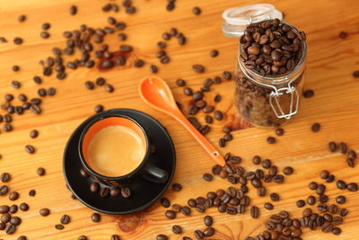 High angle view of coffee beans on table