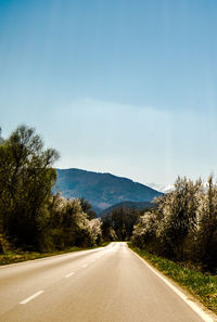 Road amidst trees against clear blue sky