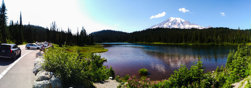 Panoramic view of lake and mountains against sky