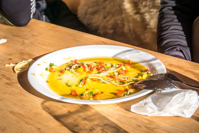 High angle view of food in plate on table