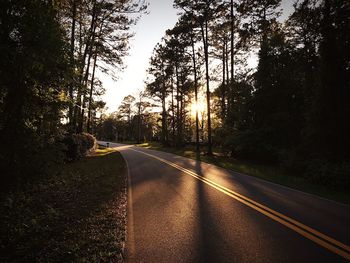 Road amidst trees against sky during sunset