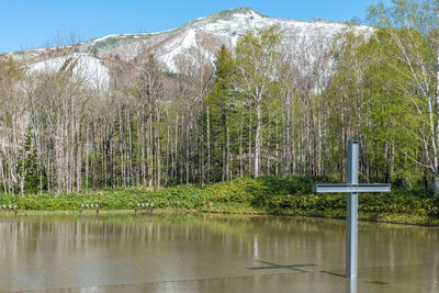 Scenic view of lake by trees against sky