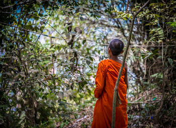 Rear view of monk standing against trees in forest