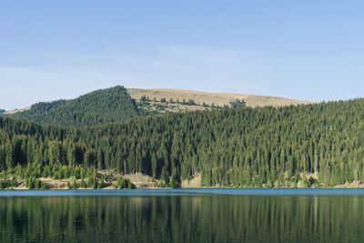 Scenic view of lake by mountain against sky