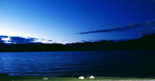 Scenic view of lake against blue sky