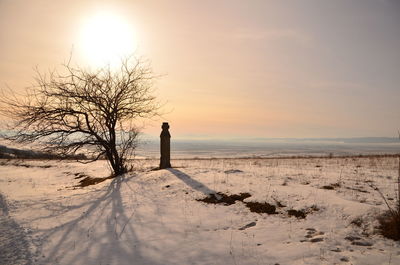 Rear view of silhouette man standing on snow covered landscape