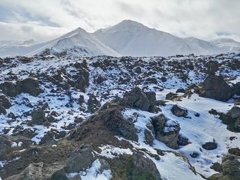 Scenic view of snowcapped mountains against sky