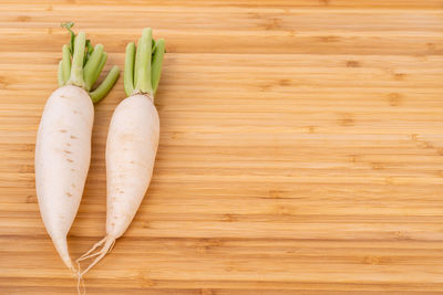 High angle view of vegetables on wood