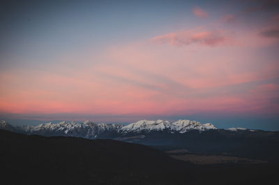 Scenic view of mountains against sky during sunset