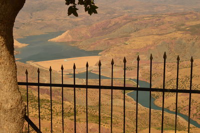 High angle view of river amidst mountains