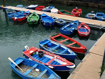 High angle view of boats moored in river