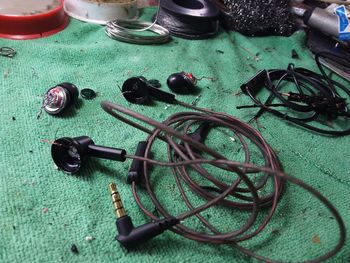 High angle view of motorcycle on table