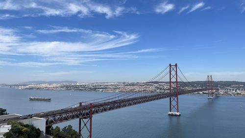 Bridge over river in city against sky