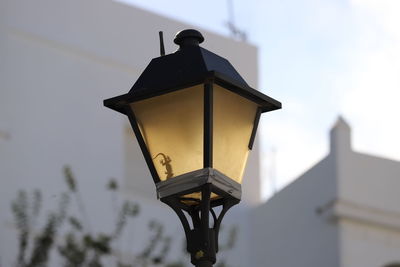 Silhouette of gecko in street lamp against white building