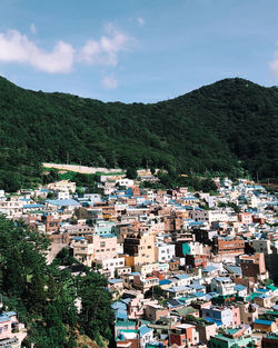 High angle view of bussn townscape against sky