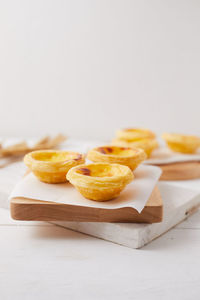 Close-up of breakfast on table against white background