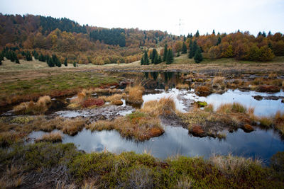 Scenic view of lake against sky during autumn