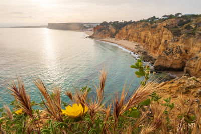 The rugged coastline, overlooking beach near lagos in the algarve, portugal