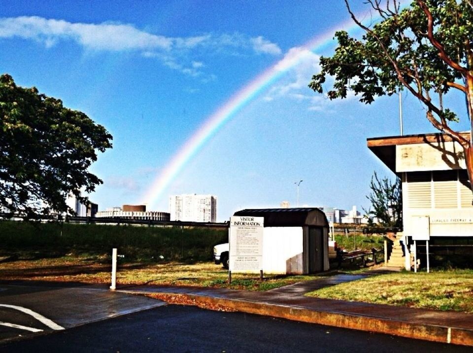 building exterior, architecture, built structure, tree, sky, city, sunlight, blue, cloud - sky, rainbow, residential building, house, cloud, growth, grass, sunbeam, day, outdoors, no people, nature